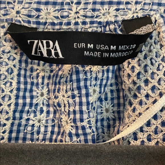 Zara Crochet Daisy Blue & White Gingham Rattan Belted Mini Dress - Picture 8 of 12